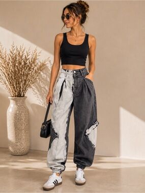 No.1 Los Angeles Two-Tone Pleated Jogger Jeans Size S
